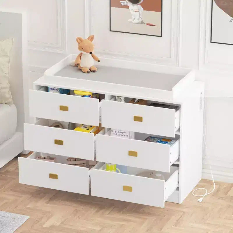 Commode de chambre d'enfant Coolmee avec plan à langer, commode bébé à 6 tiroirs avec kit anti-basculement, plateau étanche et rails de sécurité pour l'organisation du rangement