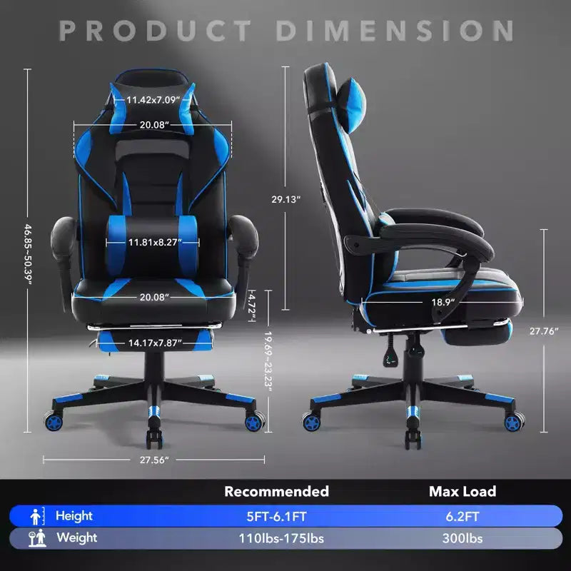 Chaise de bureau grande taille, Chaise de jeu en cuir à dossier haut avec repose-pieds, Chaise d'ordinateur ergonomique avec support lombaire et appui-tête, Base pivotante à 360°
