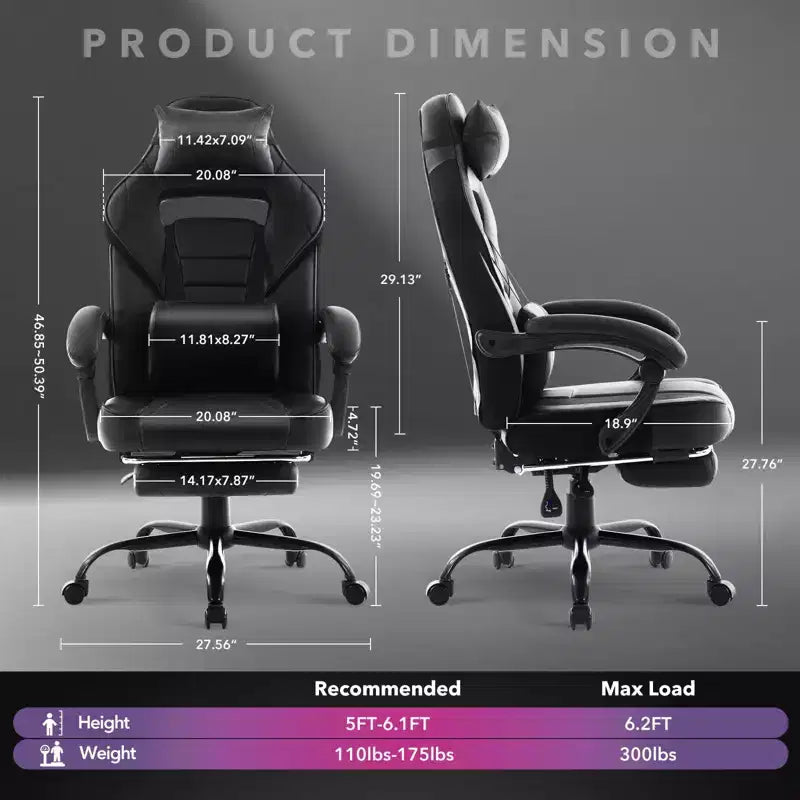 Chaise de bureau grande taille, Chaise de jeu en cuir à dossier haut avec repose-pieds, Chaise d'ordinateur ergonomique avec support lombaire et appui-tête, Base pivotante à 360°