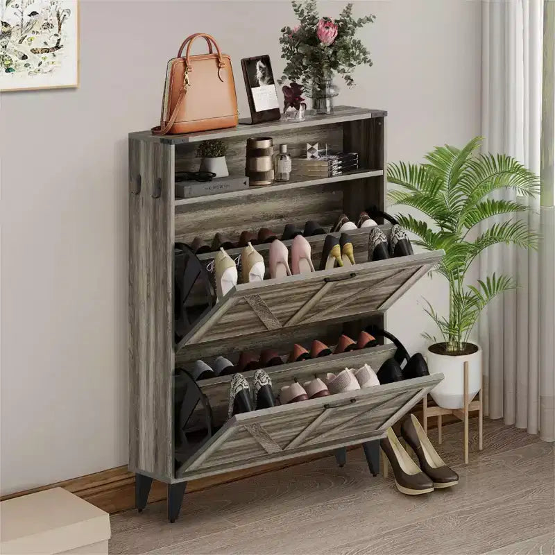 Meuble à chaussures avec 2 tiroirs basculants pour entrée, organisateur de meuble à chaussures autoportant avec rangement ouvert, meuble d'angle à chaussures autoportant