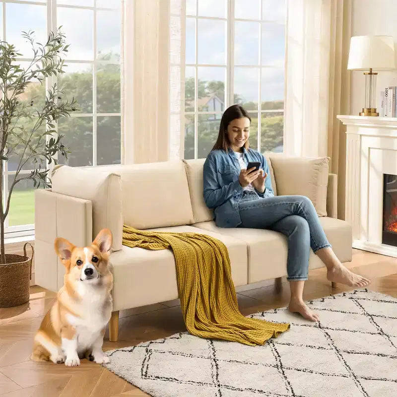 Canapé causeuse rembourré de 76 po avec sièges profonds et oreillers amovibles, canapé 2 places en velours pour salon, appartement ou bureau, beige