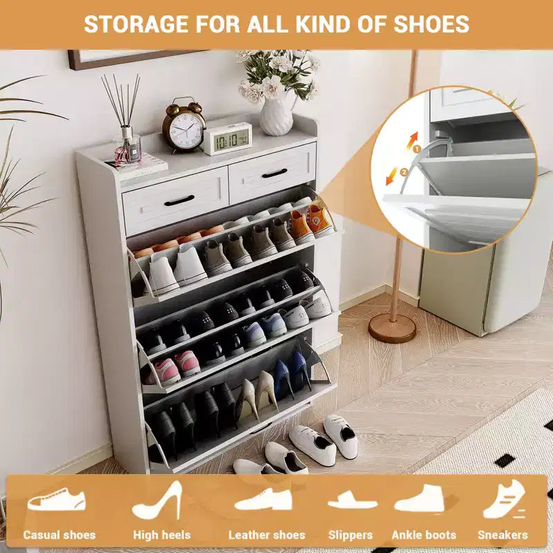 Meuble à chaussures avec 3 tiroirs basculants et 2 tiroirs, Meuble de rangement à chaussures pour entrée, Meuble à chaussures étroit pour entrée, Blanc