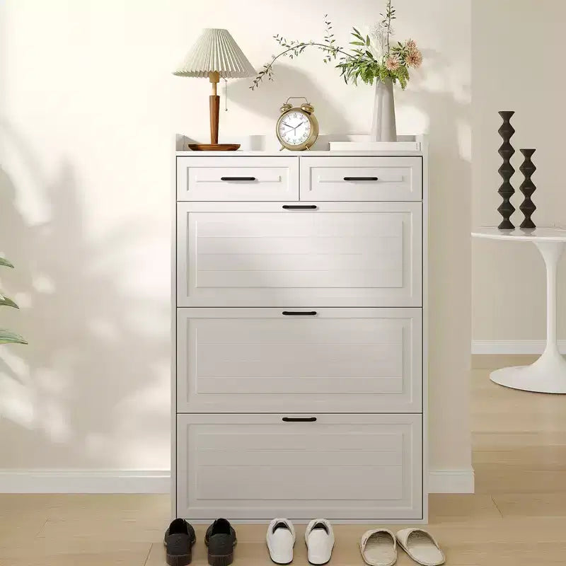 Meuble à chaussures avec 3 tiroirs basculants et 2 tiroirs, Meuble de rangement à chaussures pour entrée, Meuble à chaussures étroit pour entrée, Blanc