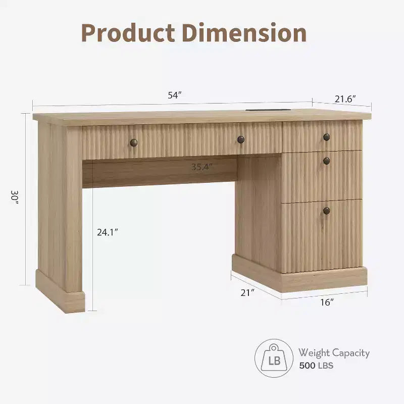 Garvee Fluted Home Office Desk Storage, Bureau de direction moderne 54 pouces avec station de charge, Bureau d'ordinateur en bois avec tiroirs classeurs pour l'étude