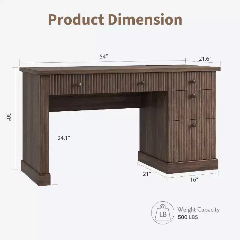 Garvee Fluted Home Office Desk Storage, Bureau de direction moderne 54 pouces avec station de charge, Bureau d'ordinateur en bois avec tiroirs classeurs pour l'étude