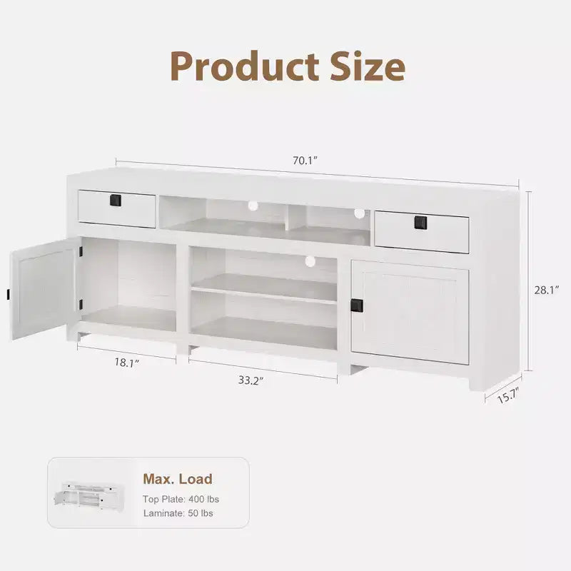 Meuble TV de ferme pour téléviseurs de 75/80 pouces, meuble de divertissement long de 70 pouces avec 4 tiroirs de rangement et 3 étagères ouvertes, consoles TV blanches