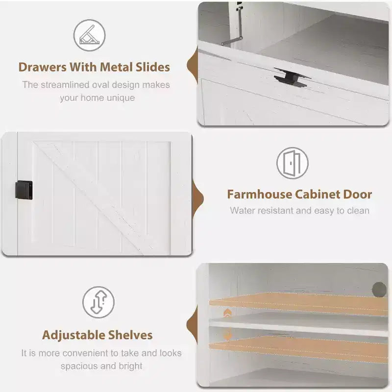 Meuble TV de ferme pour téléviseurs de 75/80 pouces, meuble de divertissement long de 70 pouces avec 4 tiroirs de rangement et 3 étagères ouvertes, consoles TV blanches