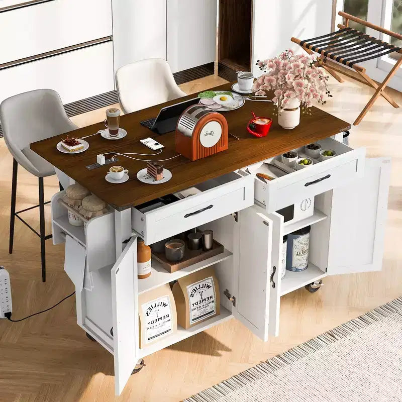 MAYEERTY Îlot de cuisine avec prise de courant, abattant, porte-épices et tiroir à roulettes pour cuisine, salle à manger, blanc
