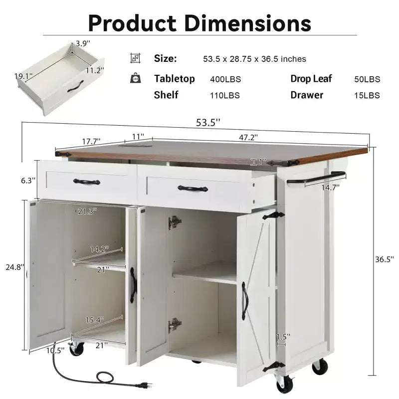 MAYEERTY Îlot de cuisine avec prise de courant, abattant, porte-épices et tiroir à roulettes pour cuisine, salle à manger, blanc