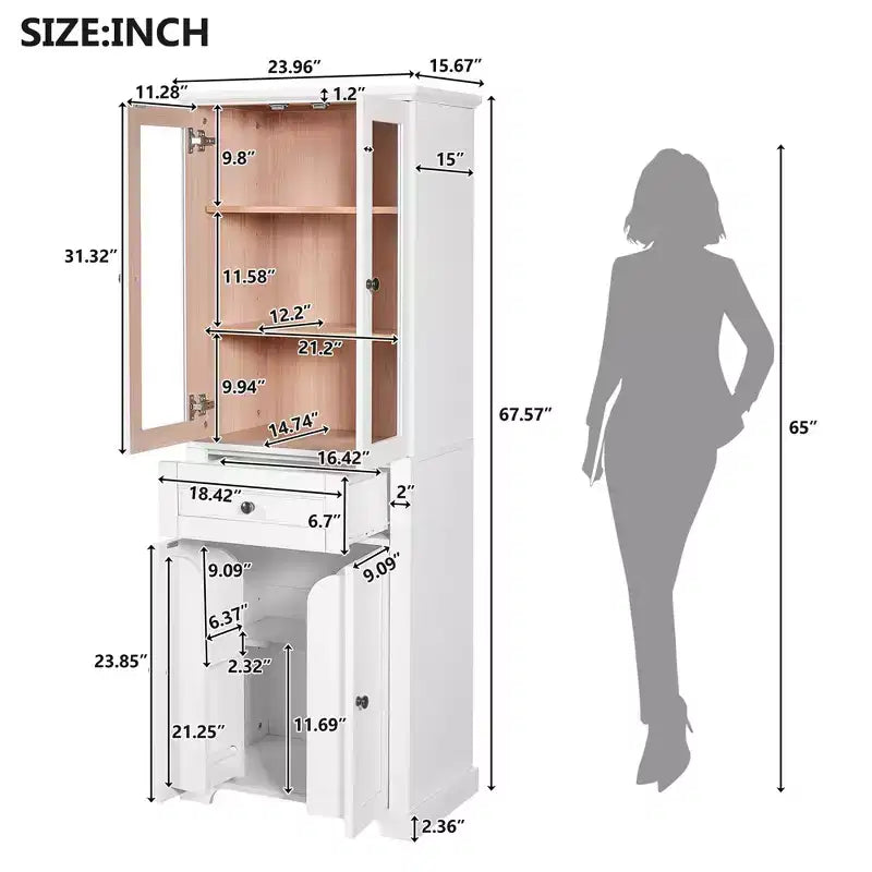 Meuble de rangement haut de salle de bain Whisen 67.2 avec portes en verre trempé, étagères réglables et tiroir, fermeture en douceur