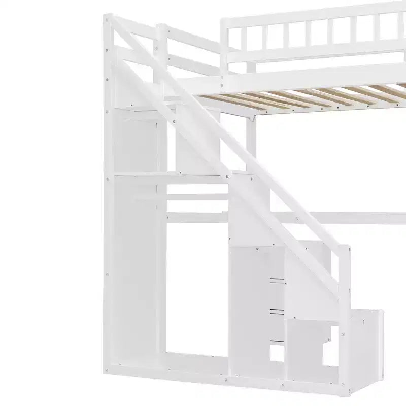 Lit mezzanine double/grand format avec bureau, bande lumineuse LED et deux commodes - ModernLuxe