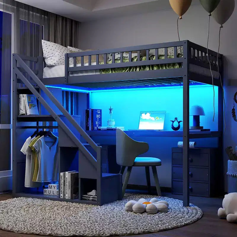 Lit mezzanine double/grand format avec bureau, bande lumineuse LED et deux commodes - ModernLuxe