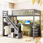 Lit mezzanine double/grand format avec bureau, bande lumineuse LED et deux commodes - ModernLuxe