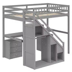 Lit mezzanine double/grand format avec bureau, bande lumineuse LED et deux commodes - ModernLuxe