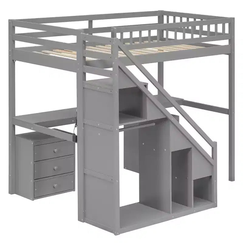 Lit mezzanine double/grand format avec bureau, bande lumineuse LED et deux commodes - ModernLuxe