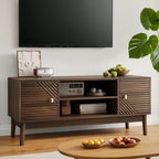 CLIHOME Meuble TV Moderne du Milieu du Siècle de 110 cm pour TV 32/45 Pouces, Centre de Divertissement avec Rangement, Table Console Multimédia, Noyer