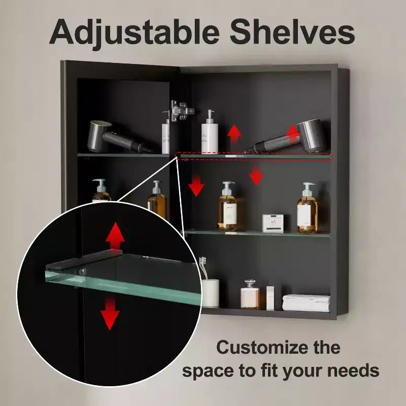 Armoire de toilette Belle avec miroir biseauté, encastrable ou murale, étagères réglables en verre trempé