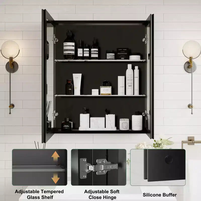 Armoire de toilette Belle avec miroir biseauté, encastrable ou murale, étagères réglables en verre trempé