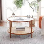 Table basse avec plateau rond en verre à double ondulation et rotin PE assorti à une structure en fer à transfert thermique effet bois