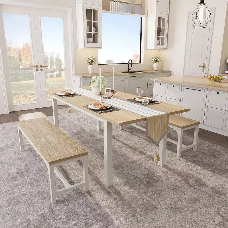Ensemble de table à manger extensible pour 48 personnes avec bancs et tabourets, grande table de cuisine et de salle à manger en bois de 63 pouces