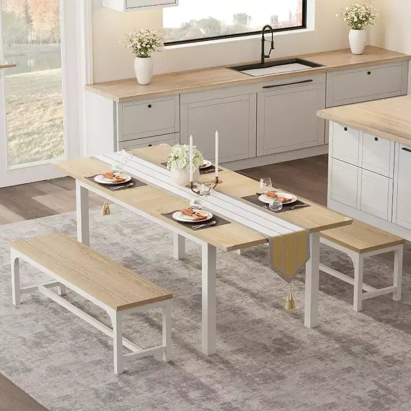 Ensemble de table à manger extensible pour 48 personnes avec bancs et tabourets, grande table de cuisine et de salle à manger en bois de 63 pouces