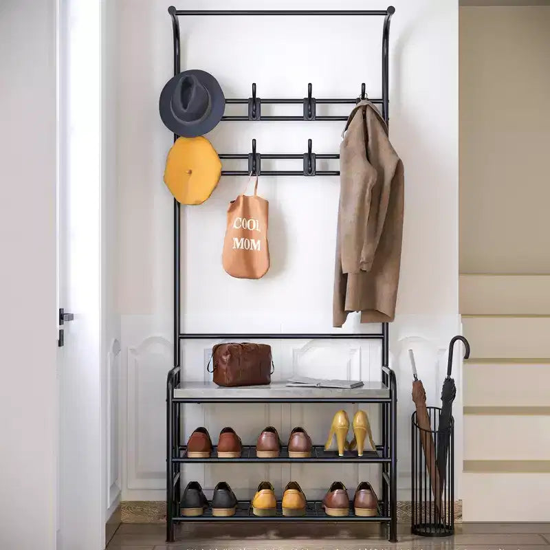 Banc à chaussures avec porte-manteau 4-en-1, banc de rangement pour entrée avec 8 crochets robustes, porte-manteau sur pied pour petits espaces, appartements, chambre à coucher