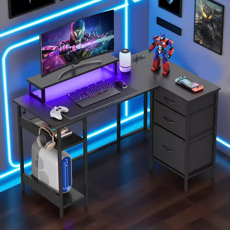 GALAXHERO Bureau Gamer en L de 120 cm, Bureau d'Angle Informatique avec Rangement, Prises de Courant et Lumières LED, Bureau de Travail/Gaming pour Chambre