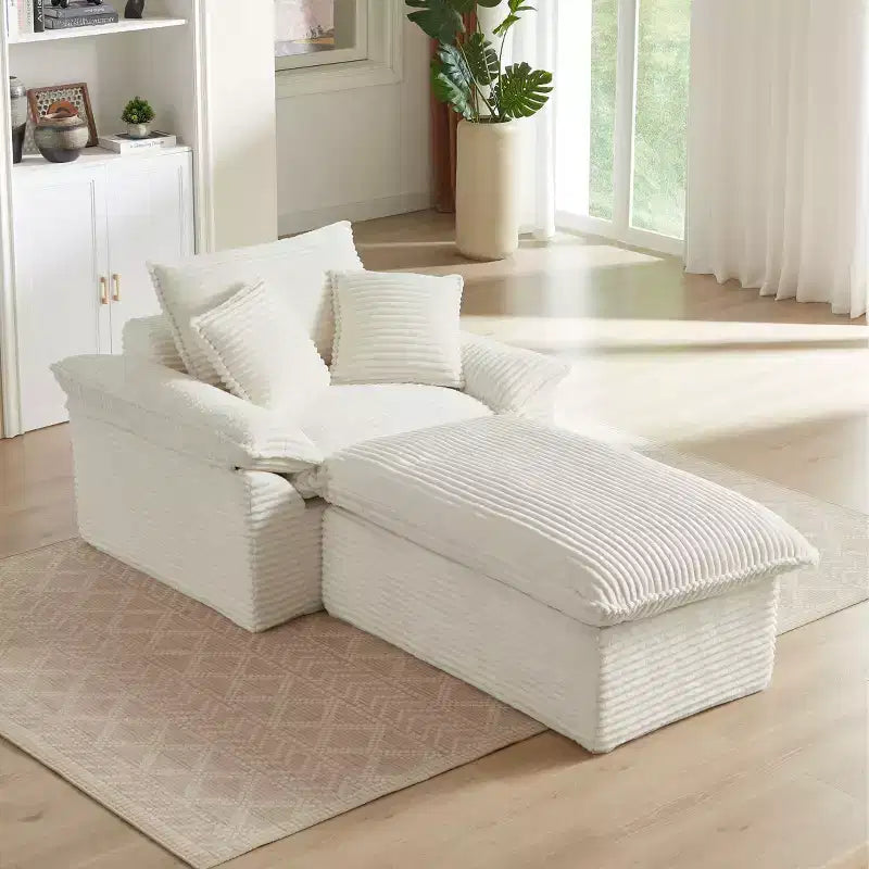 Pexfix 55 po. L Canapé moderne rembourré en velours côtelé une place avec oreillers et repose-pieds, chaise longue pour salon, chambre, appartement, bureau, blanc
