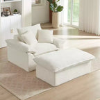 Pexfix 55 po. L Canapé moderne rembourré en velours côtelé une place avec oreillers et repose-pieds, chaise longue pour salon, chambre, appartement, bureau, blanc