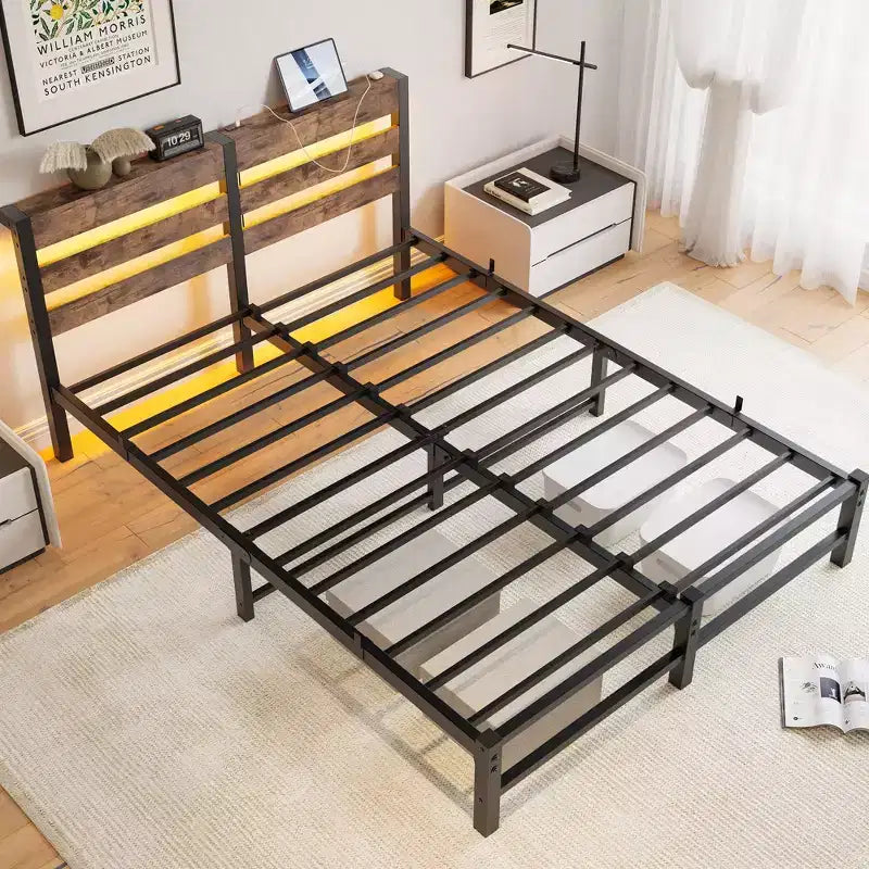 MAYEERTY Queen Bed Frame Metal Wooden Headboard Charger Shelf Quiet No Box Spring Rustic Brown