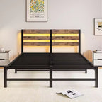 MAYEERTY Cadre de lit Queen Size en métal avec tête de lit en bois, étagère de chargement, silencieux, sans sommier tapissier, marron rustique