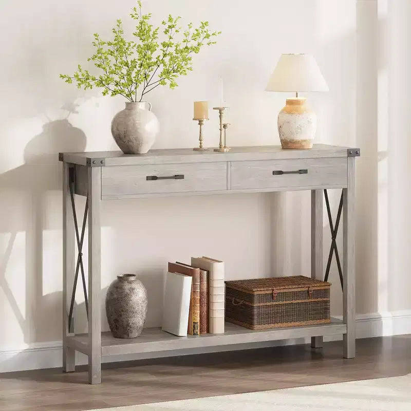 COZONY 43 Table console de ferme avec 2 tiroirs et étagère de rangement à 2 niveaux, table d'entrée et de canapé étroite en bois pour couloir et salon