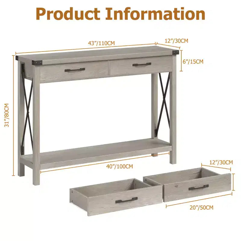 COZONY 43 Table console de ferme avec 2 tiroirs et étagère de rangement à 2 niveaux, table d'entrée et de canapé étroite en bois pour couloir et salon