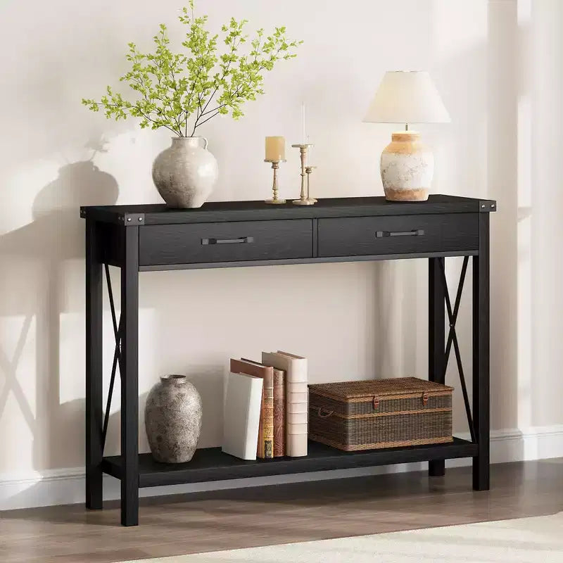 COZONY 43 Farmhouse Console Table with 2 Drawers & 2-Tier Storage Shelf  Narrow Wood Entryway & Sofa Table for Hallway & Living Room