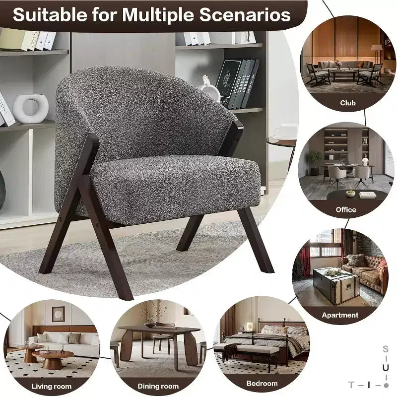 Fauteuil d'appoint moderne du milieu du siècle avec revêtement en tissu bouclette, fauteuil de salon bas pour le salon, la chambre à coucher, chaise de lecture confortable avec cadre en bois