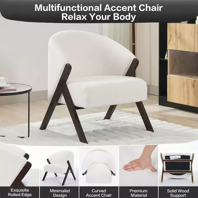 Fauteuil d'appoint moderne du milieu du siècle avec revêtement en tissu bouclette, fauteuil de salon bas pour le salon, la chambre à coucher, chaise de lecture confortable avec cadre en bois