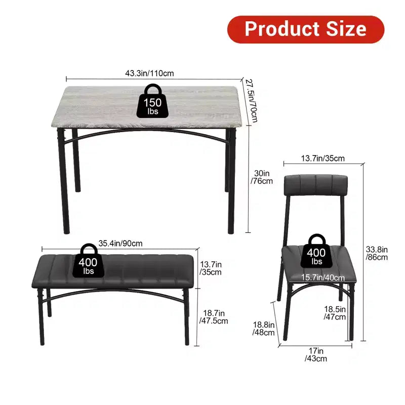 Ensemble de salle à manger 4 pièces avec table, banc et 2 chaises, dinette moderne peu encombrante