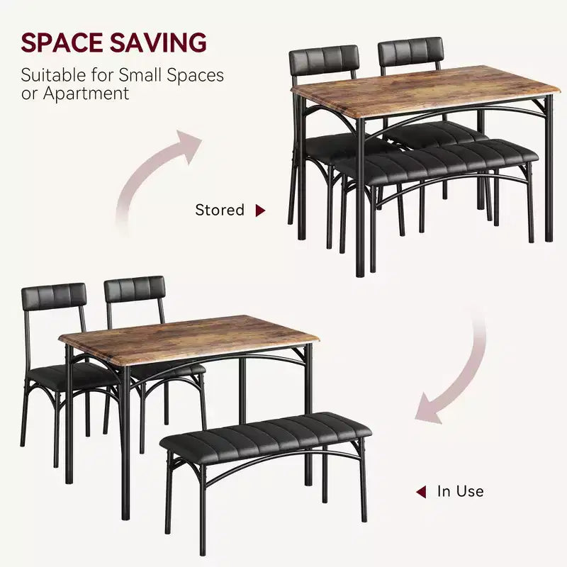 Ensemble de salle à manger 4 pièces avec table, banc et 2 chaises, dinette moderne peu encombrante