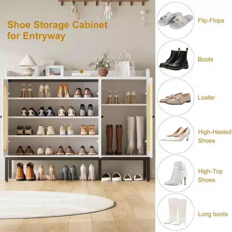 Meuble à chaussures Coolmee avec 3 portes en rotin, organisateur de rangement à chaussures autoportant à 7 niveaux avec étagères réglables pour entrée, couloir, salon