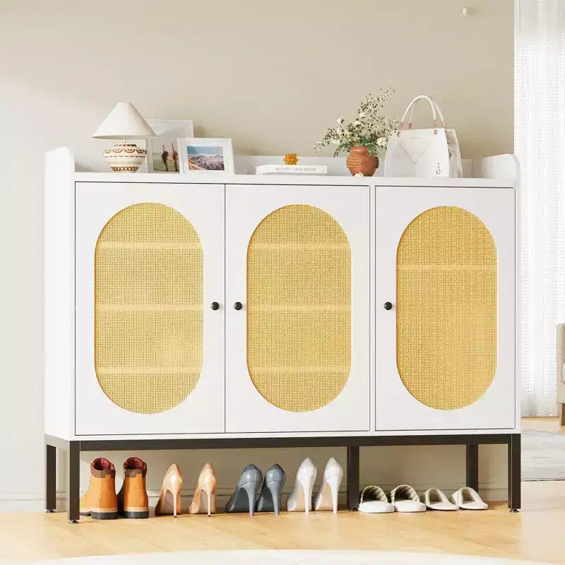 Meuble à chaussures Coolmee avec 3 portes en rotin, organisateur de rangement à chaussures autoportant à 7 niveaux avec étagères réglables pour entrée, couloir, salon