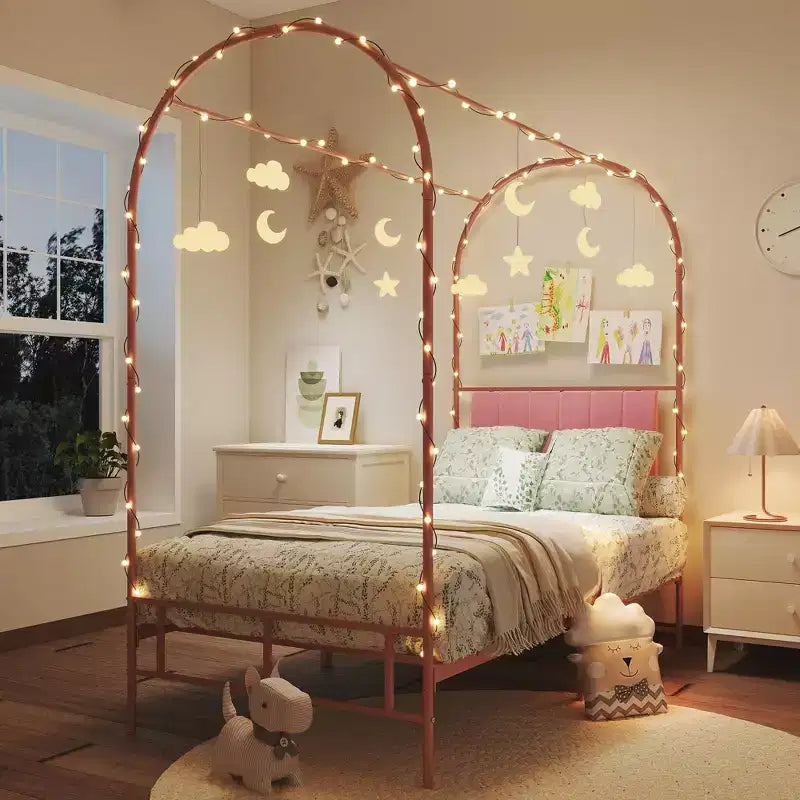 Cadre de lit à baldaquin avec tête de lit capitonnée, lit plateforme décoratif à arche supérieure, espace de rangement sous le lit, aucun sommier tapissier requis