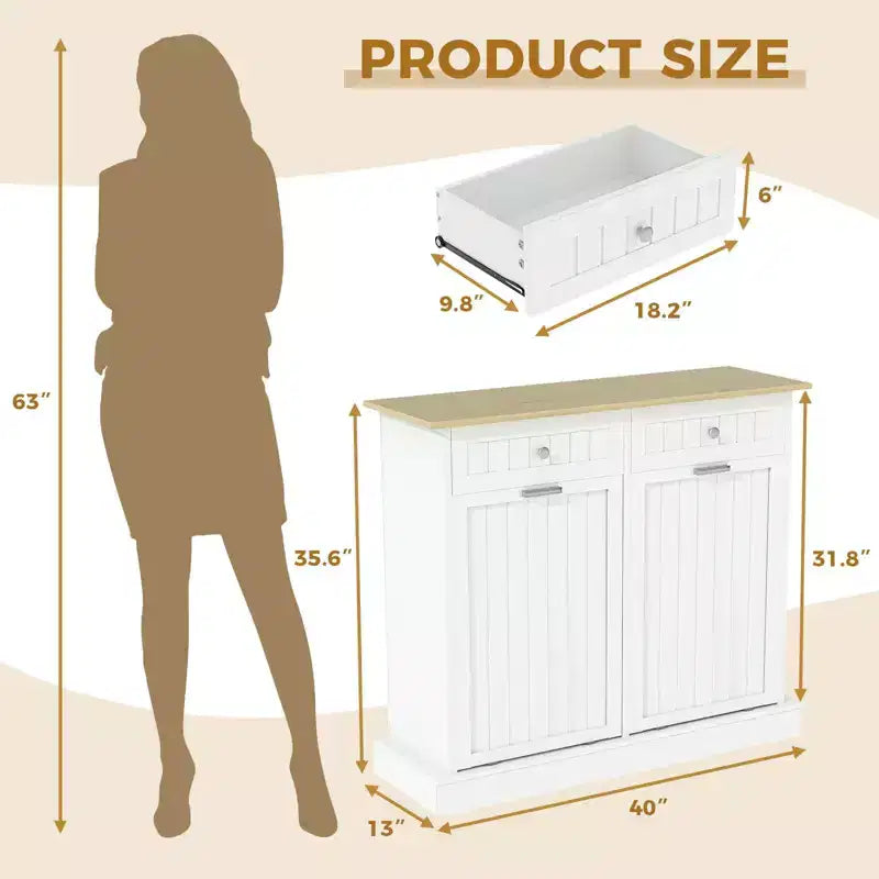 Meuble poubelle basculant de 20 gallons, meuble de recyclage à 2 portes en bois avec tiroir, poubelle autoportante à l'épreuve des animaux de compagnie pour cuisine et salon