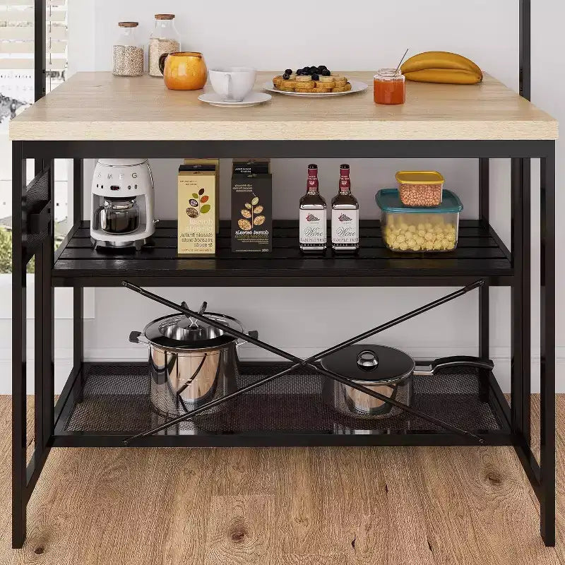 Grand îlot de cuisine Étagère de boulanger pour micro-ondes avec 3 niveaux de rangement, table de bar à café en métal, rangement de cuisine pour salle à manger et salon