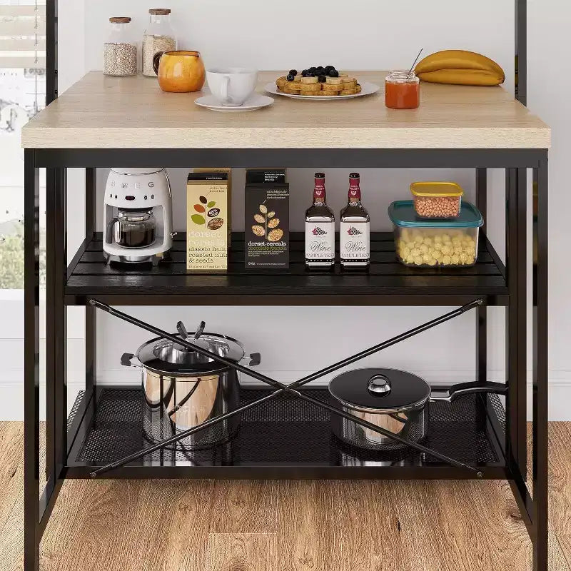Grand îlot de cuisine Étagère de boulanger pour micro-ondes avec 3 niveaux de rangement, table de bar à café en métal, rangement de cuisine pour salle à manger et salon