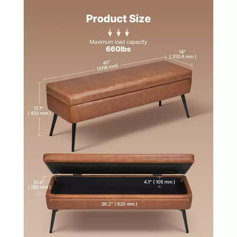 Banc de Rangement Ottoman en Cuir VEVOR, Banc en Cuir PU avec Rangement et Pieds en Métal, Banc à Chaussures Rembourré pour Entrée, Marron