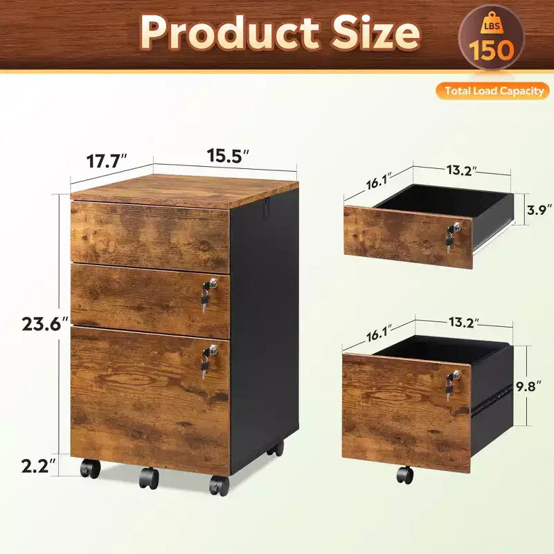 DEXYLLO Caisson de bureau roulant à 3 tiroirs avec serrure, meuble de rangement en bois sous le bureau pour la maison ou le bureau, convient aux documents de format Lettre/Légal/A4