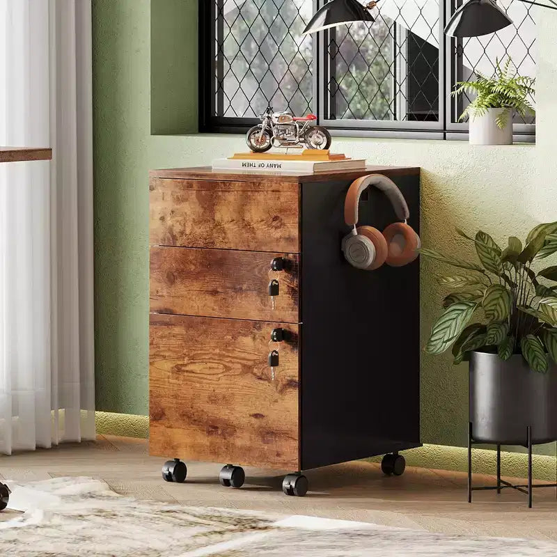 DEXYLLO Caisson de bureau roulant à 3 tiroirs avec serrure, meuble de rangement en bois sous le bureau pour la maison ou le bureau, convient aux documents de format Lettre/Légal/A4