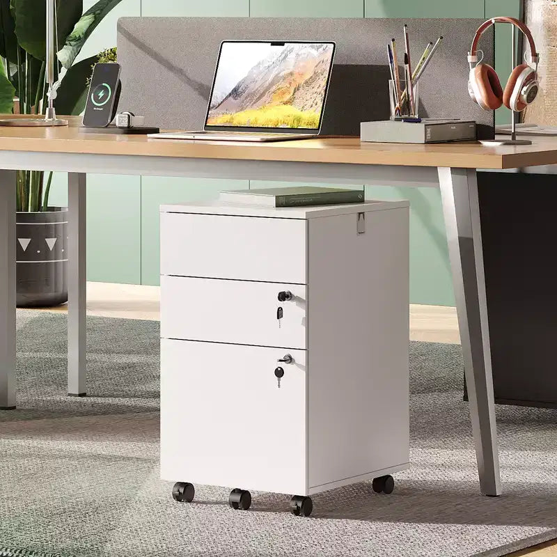 DEXYLLO Caisson de bureau roulant à 3 tiroirs avec serrure, meuble de rangement en bois sous le bureau pour la maison ou le bureau, convient aux documents de format Lettre/Légal/A4