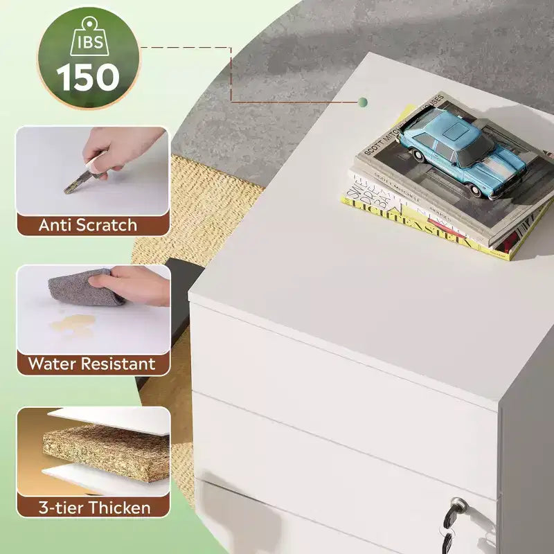 DEXYLLO Caisson de bureau roulant à 3 tiroirs avec serrure, meuble de rangement en bois sous le bureau pour la maison ou le bureau, convient aux documents de format Lettre/Légal/A4