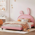 Lit plateforme rembourré en cuir pleine grandeur avec tête de lit à oreilles et ornement de lapin pour enfants, rose